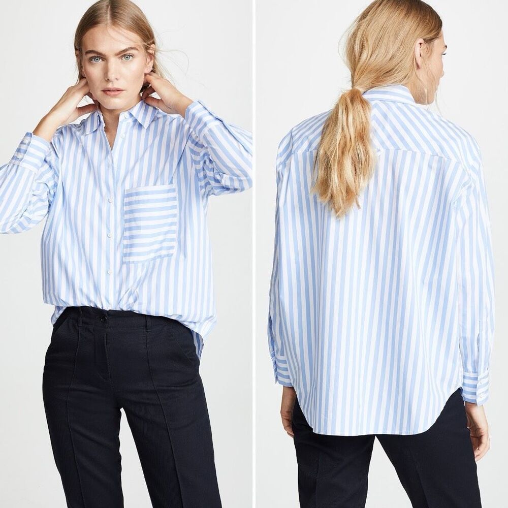 AYR The Deep End Button Down Shirt in Blue/White Size L